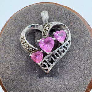 VTG Sterling SIlver 925 Pink Gemstone Mom Heart Pendant Size 1" Length